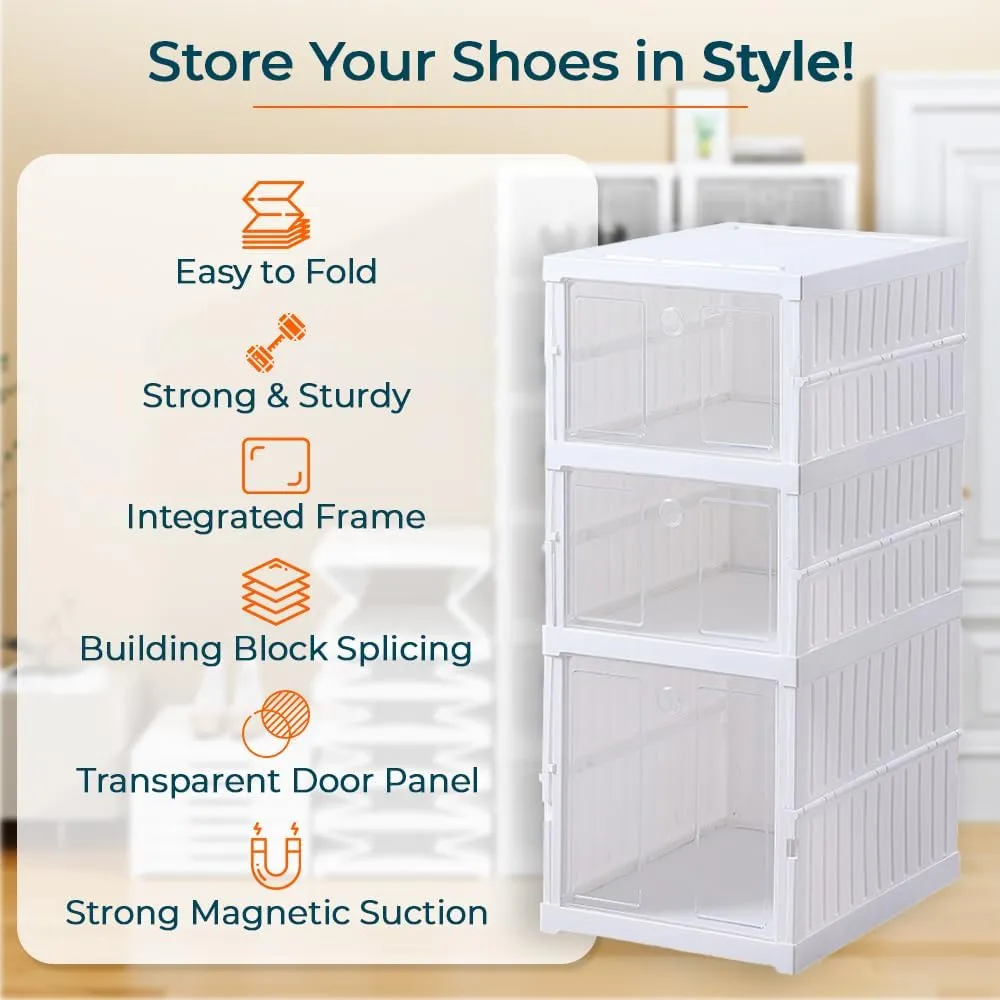 Kuber Industries 3 Layer Shoe Box for Storage|Multi-Purpose Plastic Shoe Rack|Installation Free Shoe Organizer|Pack of 10|White