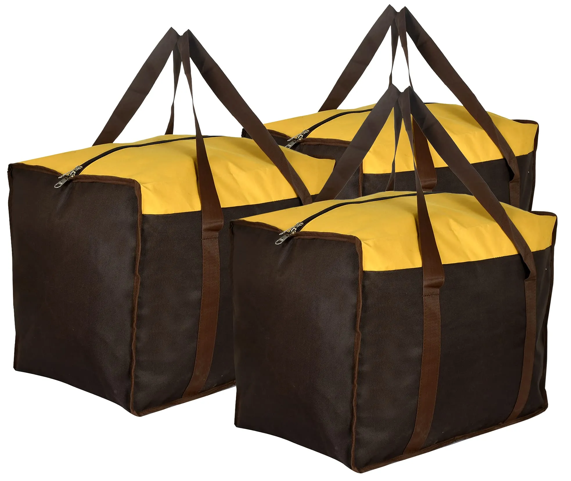 Kuber Industries Medium Size Water Resistant Foldable Reusable Shopping Bag, Grocery Bag, Large Storage Bin Tote Bag for Clothes,Toys,Shoes and Picnic-Pack of 3 (Brown & Yellow)