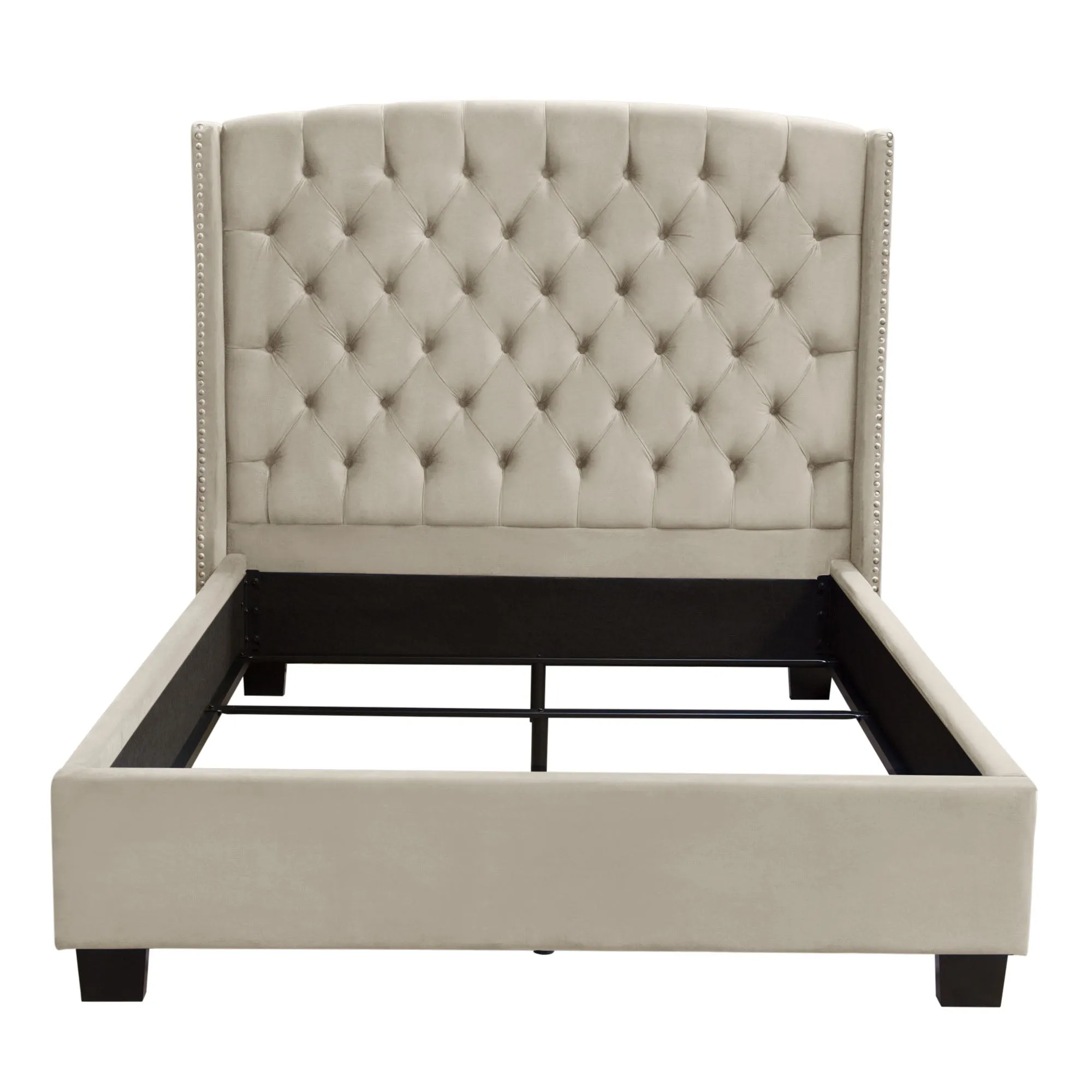 Majestic Queen Tufted Bed in Tan Velvet with Nail Head Wing Accents by Diamond Sofa