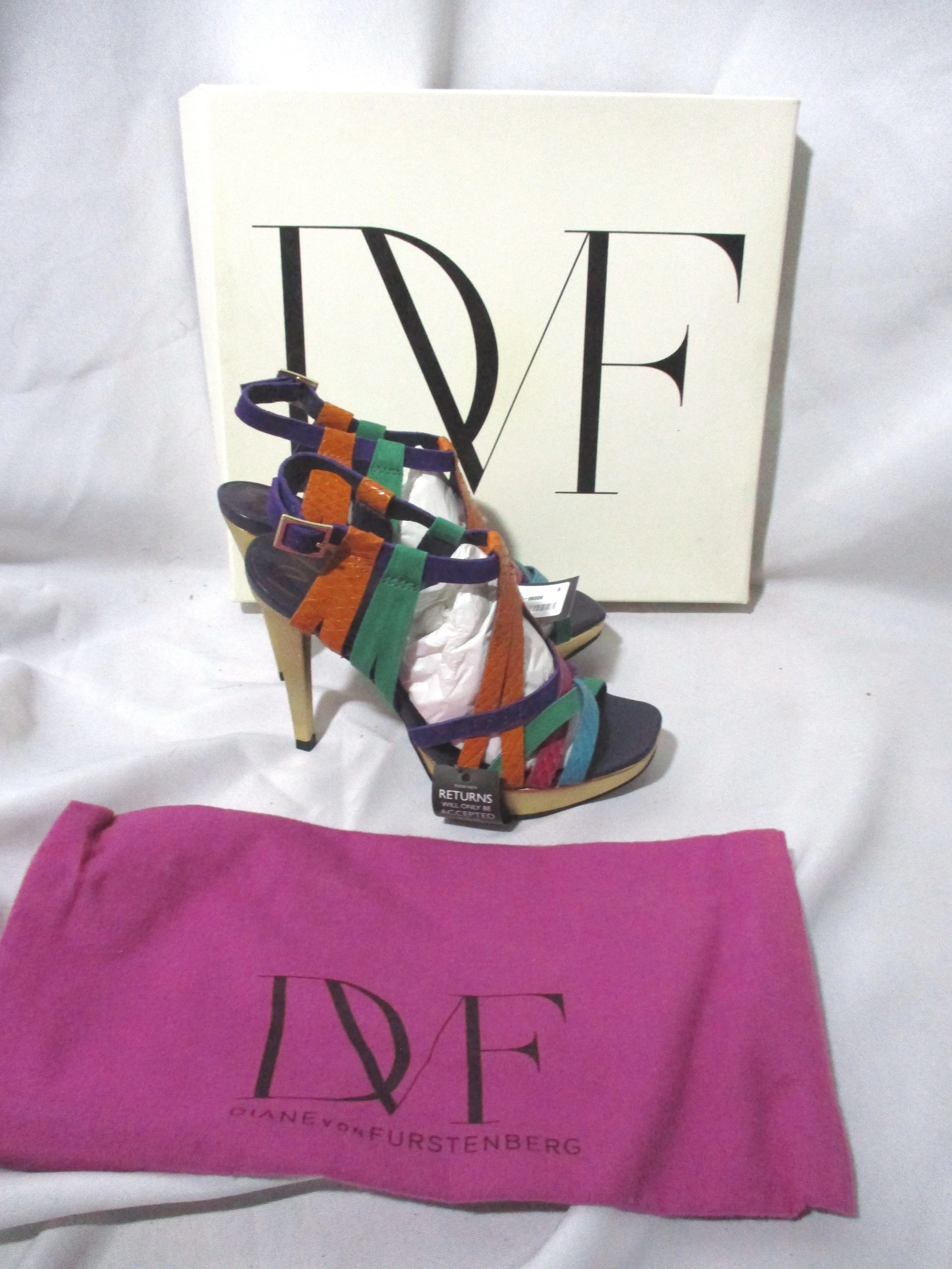 NWT DIANE VON FURSTENBERG DVF STILETTO Sandal Shoe Emerald Purple Suede 6