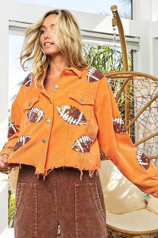 Orange Football Sequin Embroidery Washed Corduroy Jacket