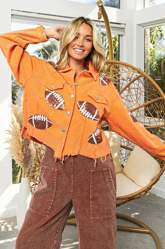 Orange Football Sequin Embroidery Washed Corduroy Jacket