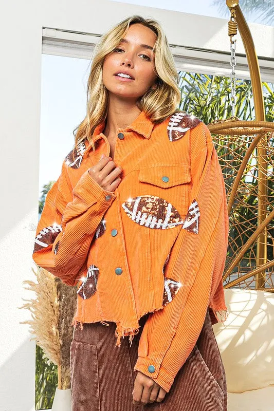 Orange Football Sequin Embroidery Washed Corduroy Jacket