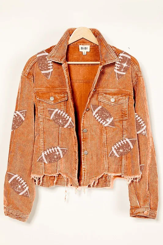 Orange Football Sequin Embroidery Washed Corduroy Jacket