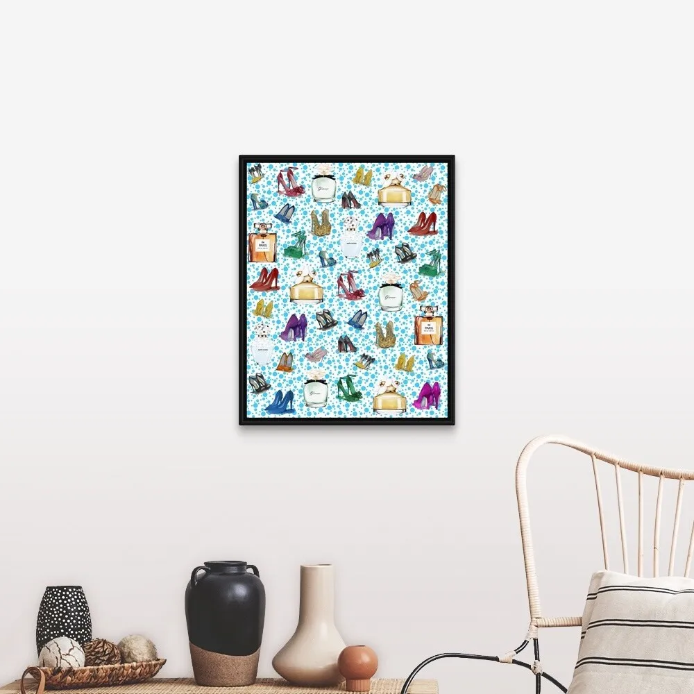 "Bottles and Shoes I" Black Float Frame Canvas Art