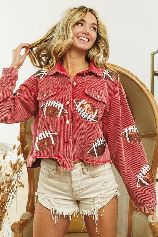 Red Football Sequin Embroidery Washed Corduroy Jacket