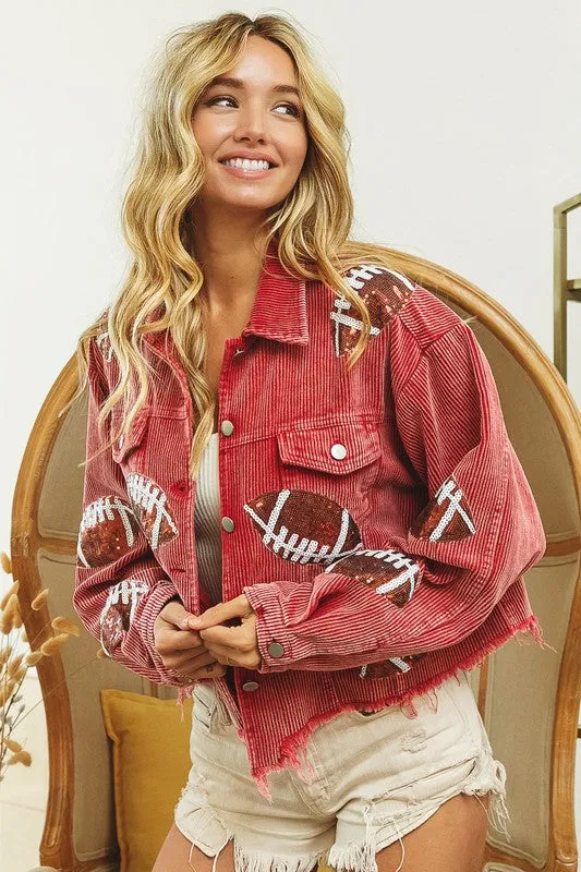 Red Football Sequin Embroidery Washed Corduroy Jacket