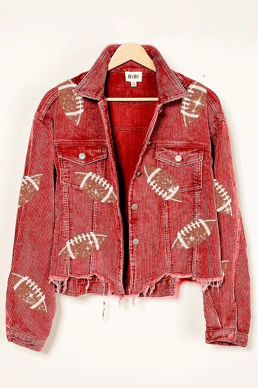 Red Football Sequin Embroidery Washed Corduroy Jacket