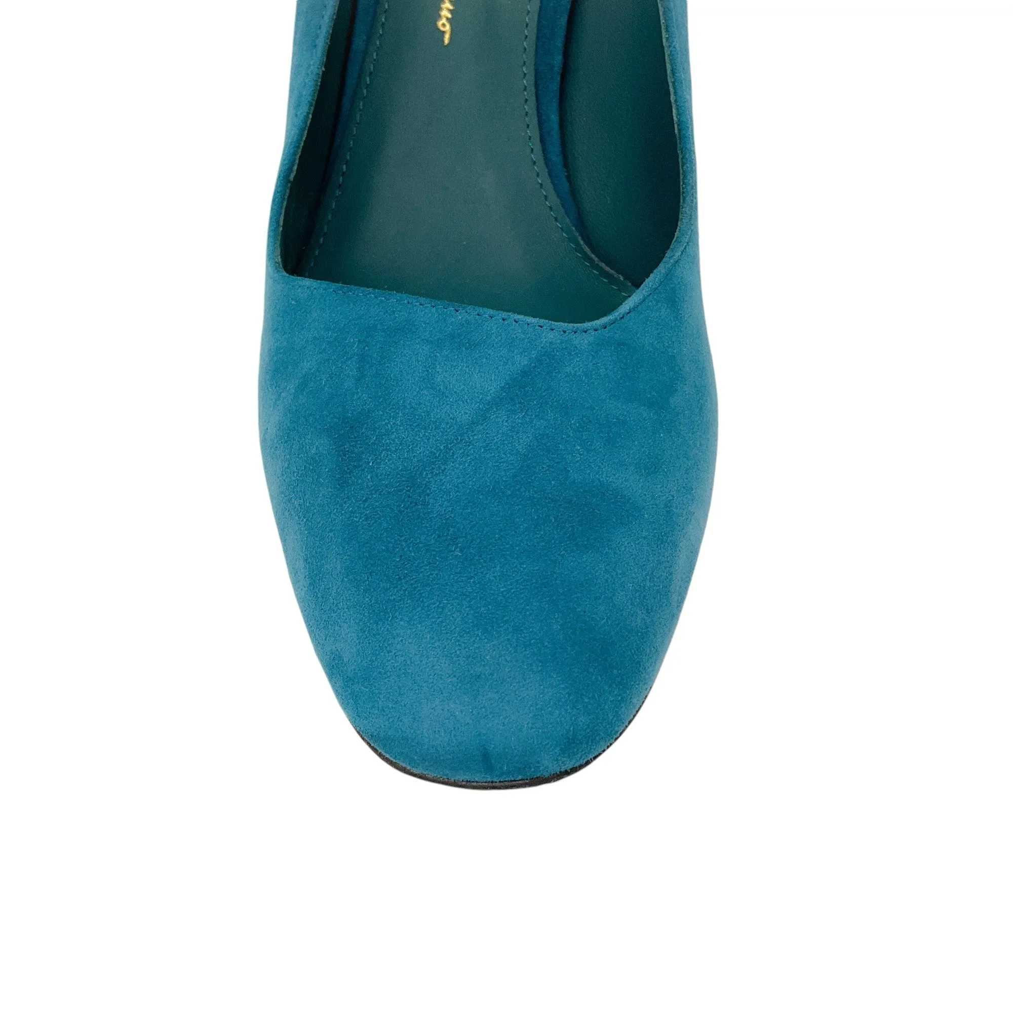 Salvatore Ferragamo Teal Round Toe Suede Pumps