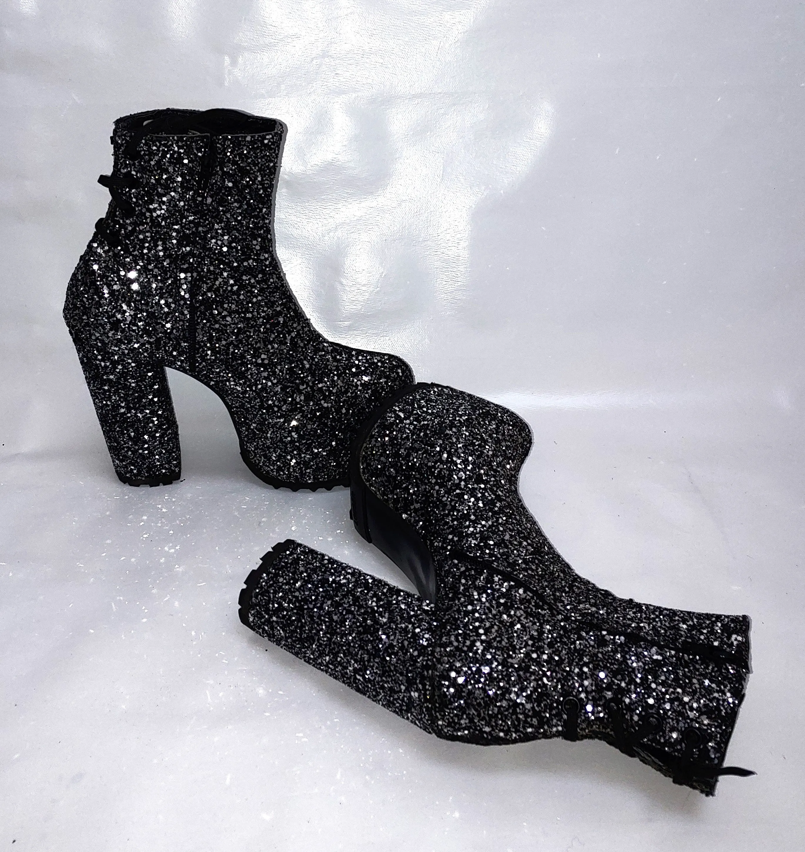 STARDUST "Harlequin" Platform Ankle Boots in Black & Silver Glitter