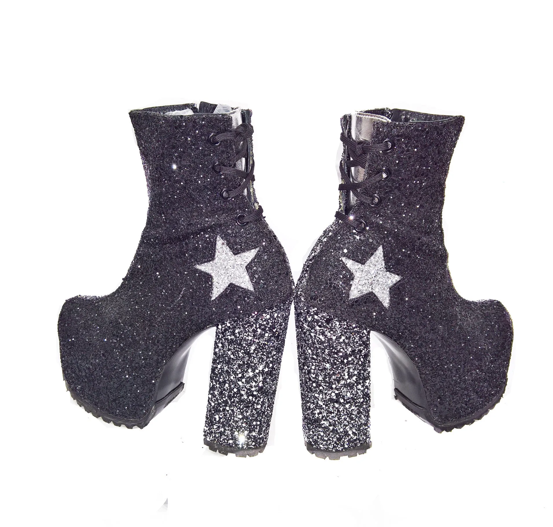 STARDUST "Harlequin" Platform Ankle Boots in Black & Silver Glitter