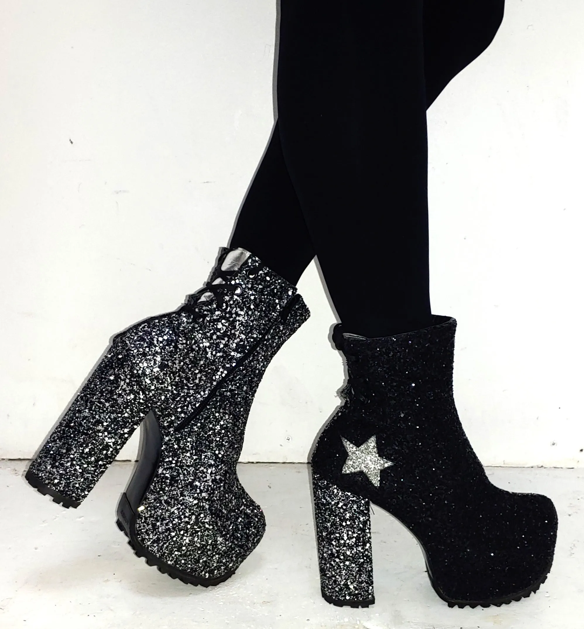 STARDUST "Harlequin" Platform Ankle Boots in Black & Silver Glitter