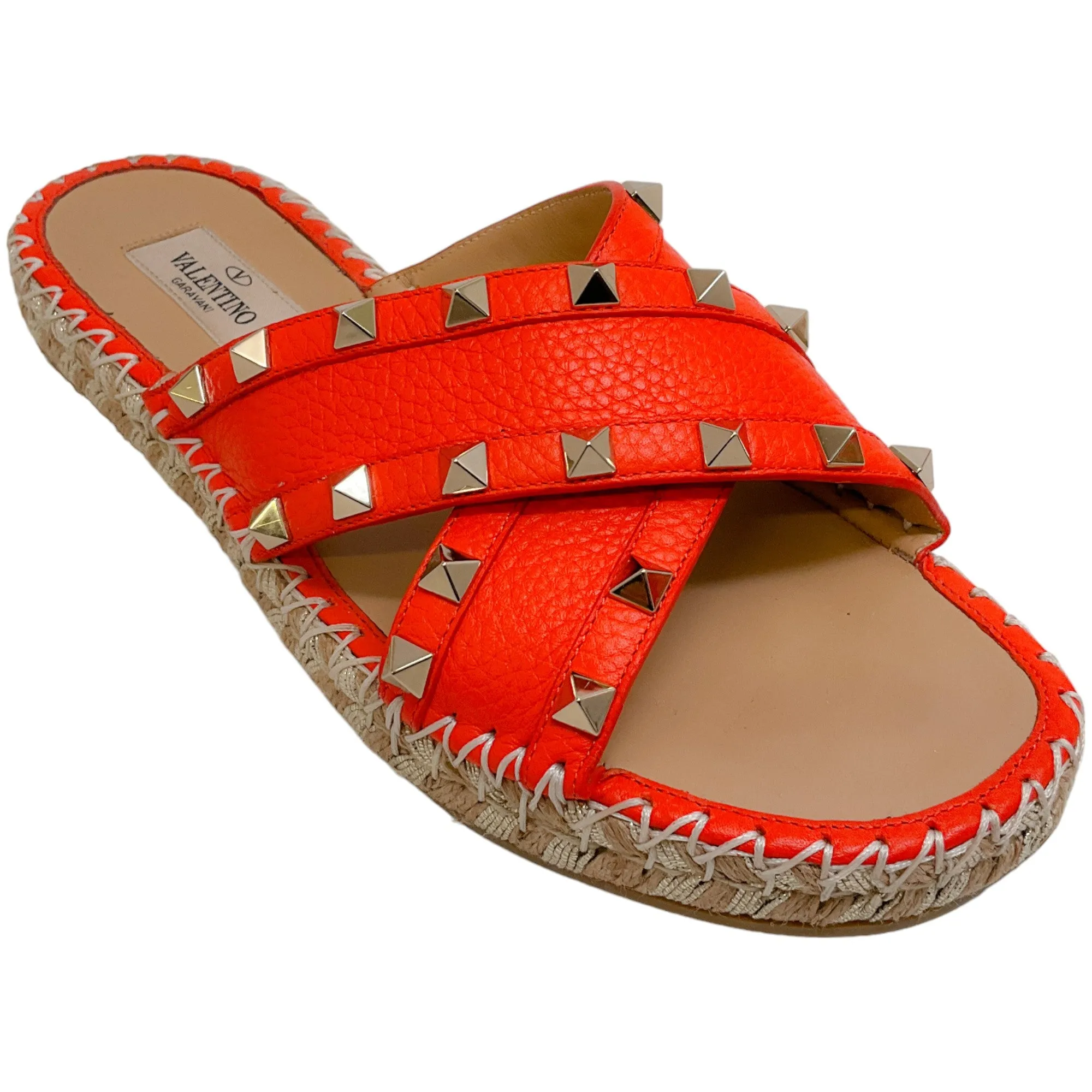 Valentino Orange Leather Rockstud Slide Sandals