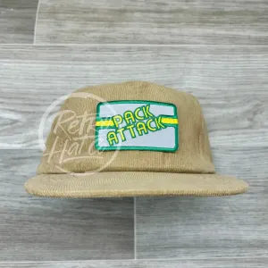 Vintage 90s Pack-Attack Patch on Tan Corduroy Retro Hat