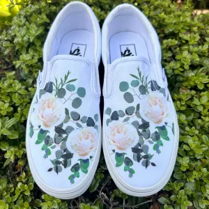 Wedding Roses on Custom White Slip On Vans Shoes for Women and Men