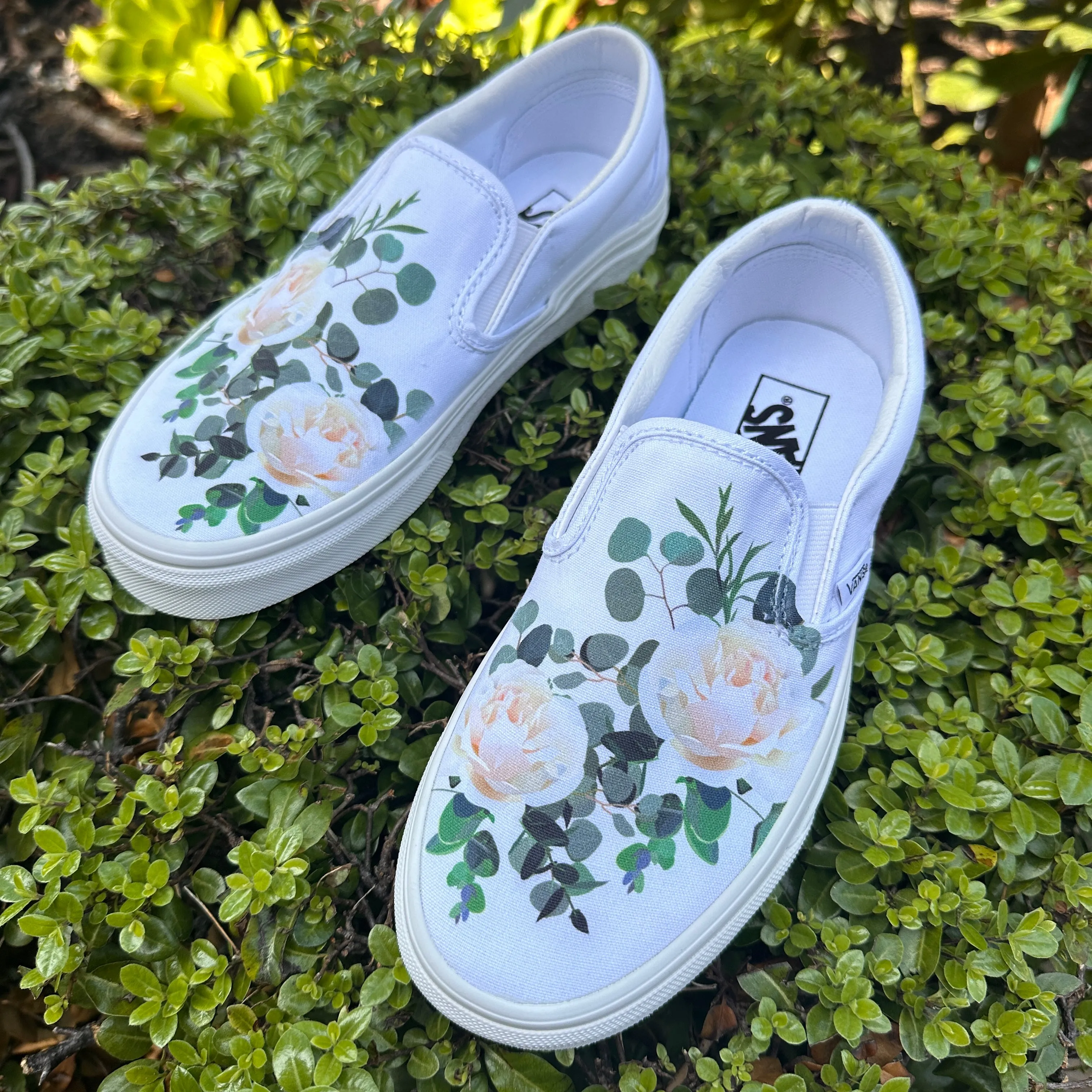 Wedding Roses on Custom White Slip On Vans Shoes for Women and Men