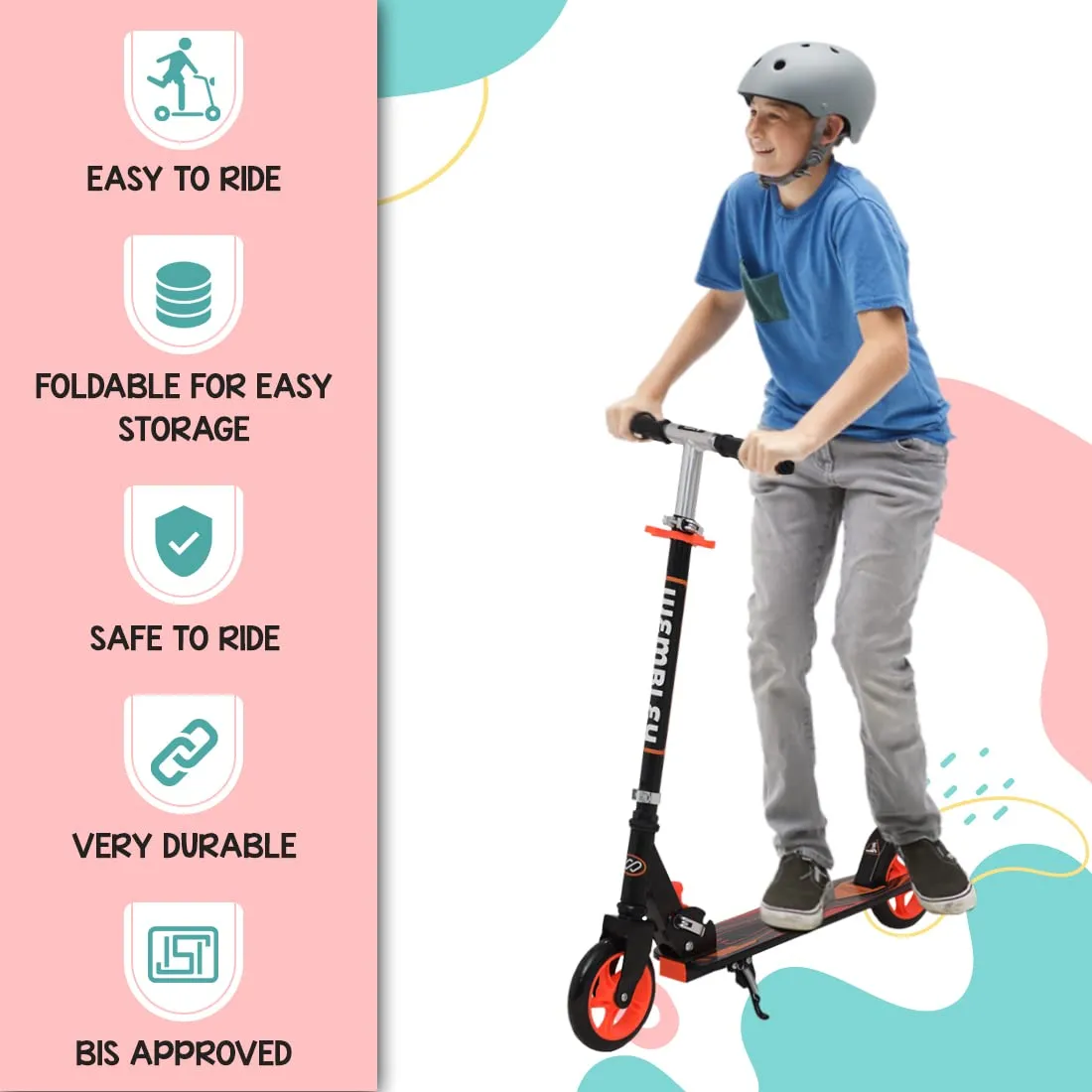 Wembley Kick Scooter for Kids 5  Years | 2 Wheels Steel Frame Foldable and 3 Adjustable Height | Skating Cycle Kids Scooter 5 to 10, 12 Years Boys Girls - Orange BIS Certified - Capacity 50kg