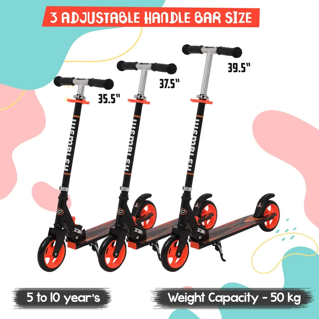 Wembley Kick Scooter for Kids 5  Years | 2 Wheels Steel Frame Foldable and 3 Adjustable Height | Skating Cycle Kids Scooter 5 to 10, 12 Years Boys Girls - Orange BIS Certified - Capacity 50kg