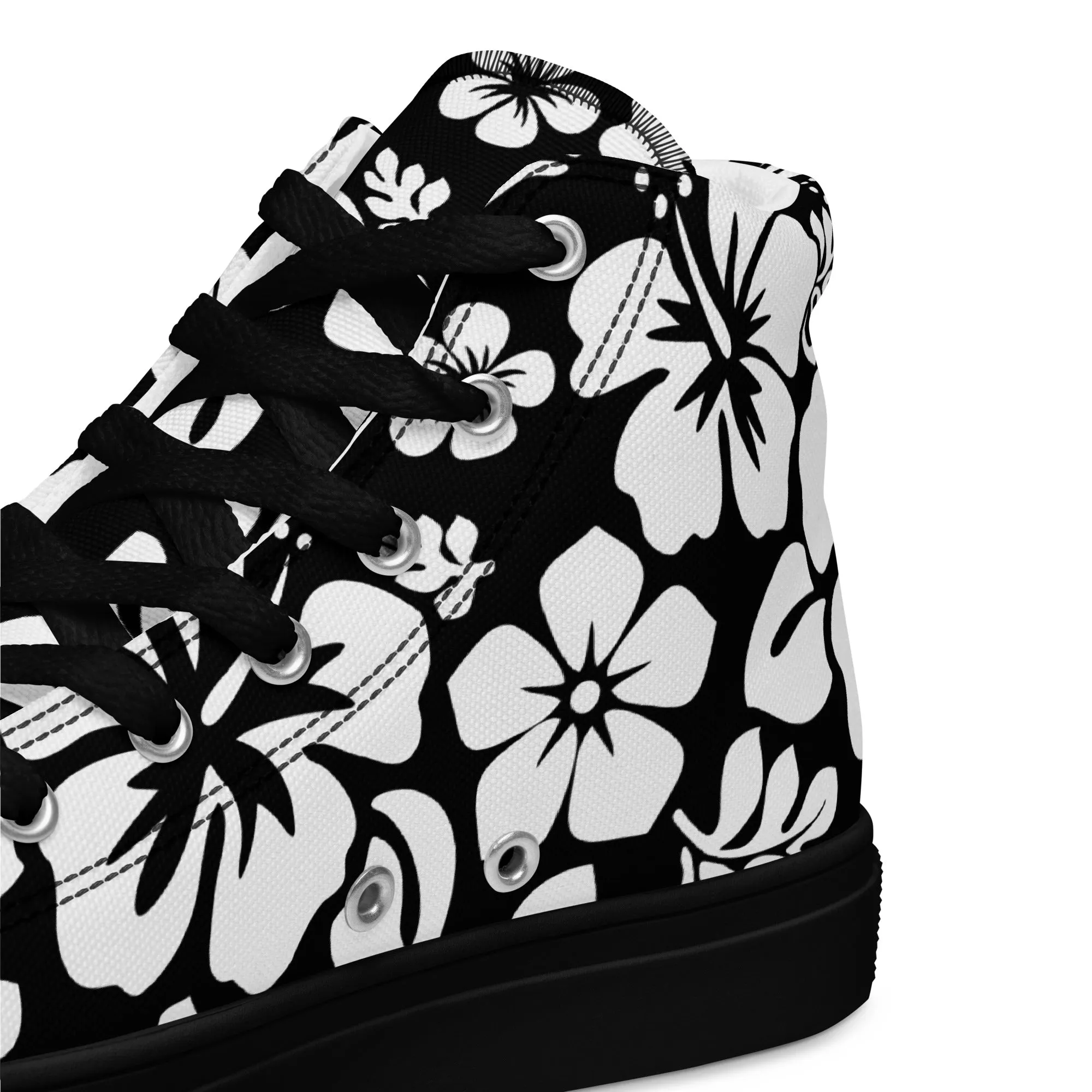 Women's Black and White Hawaiian Print High Top Canvas Shoes