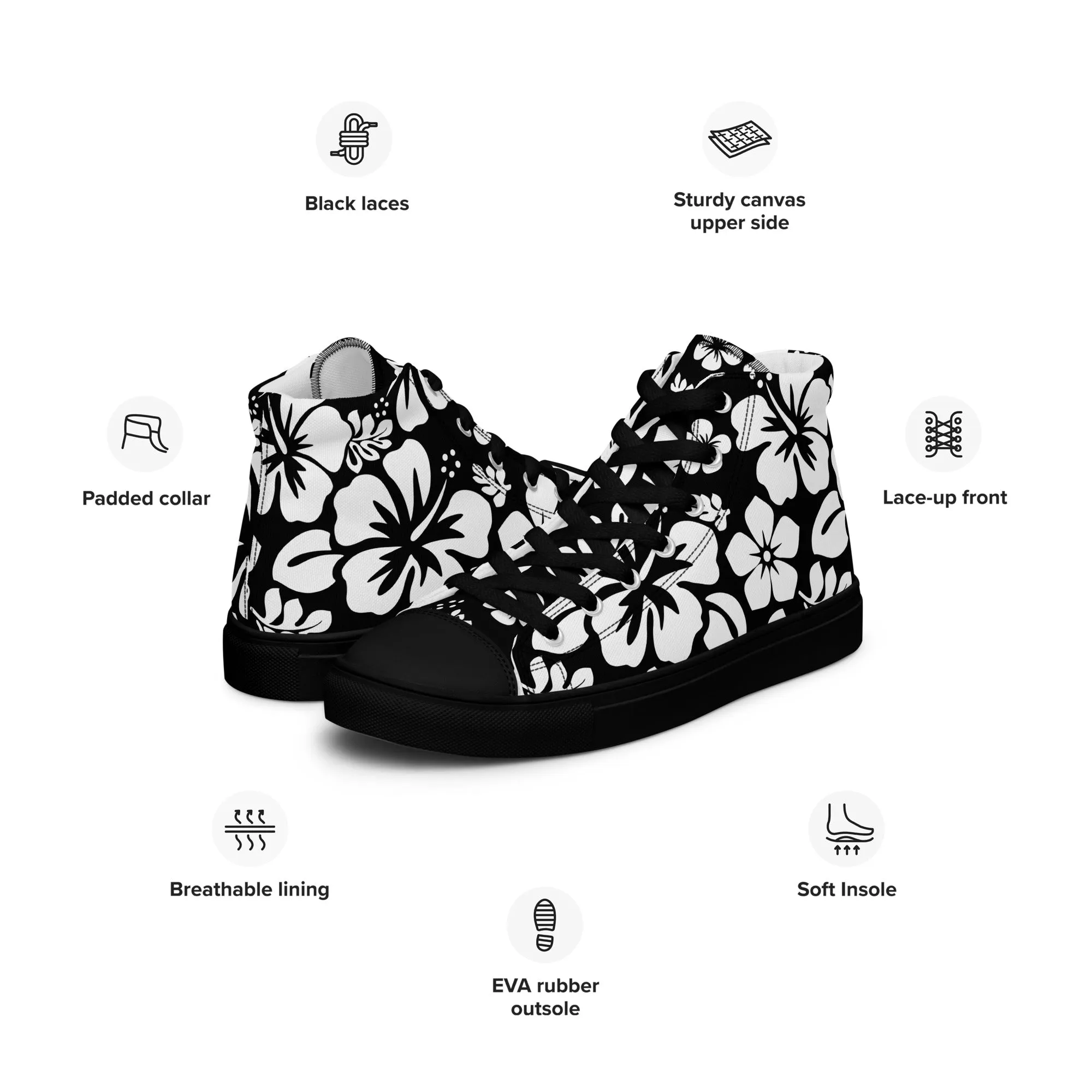 Women's Black and White Hawaiian Print High Top Canvas Shoes