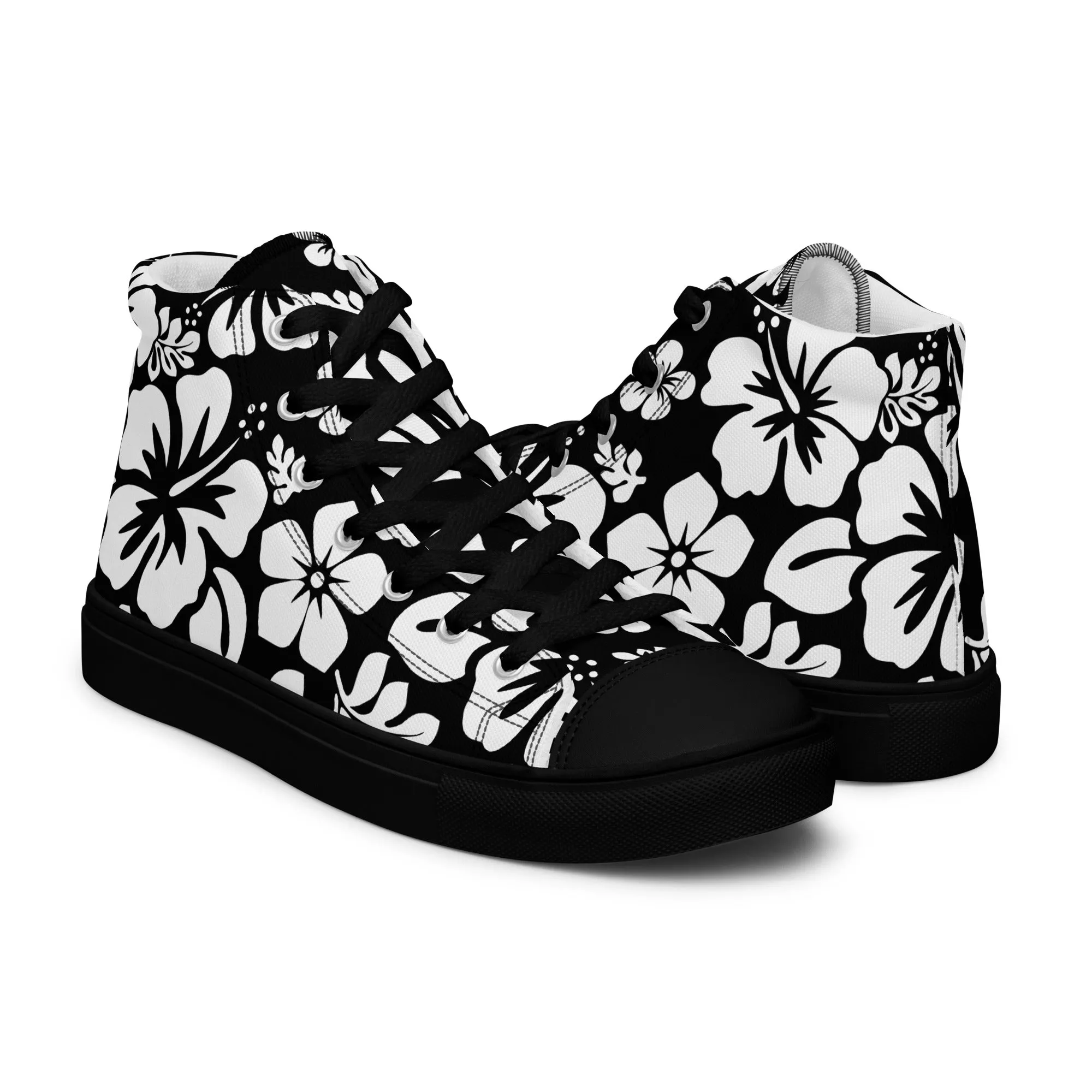 Women's Black and White Hawaiian Print High Top Canvas Shoes