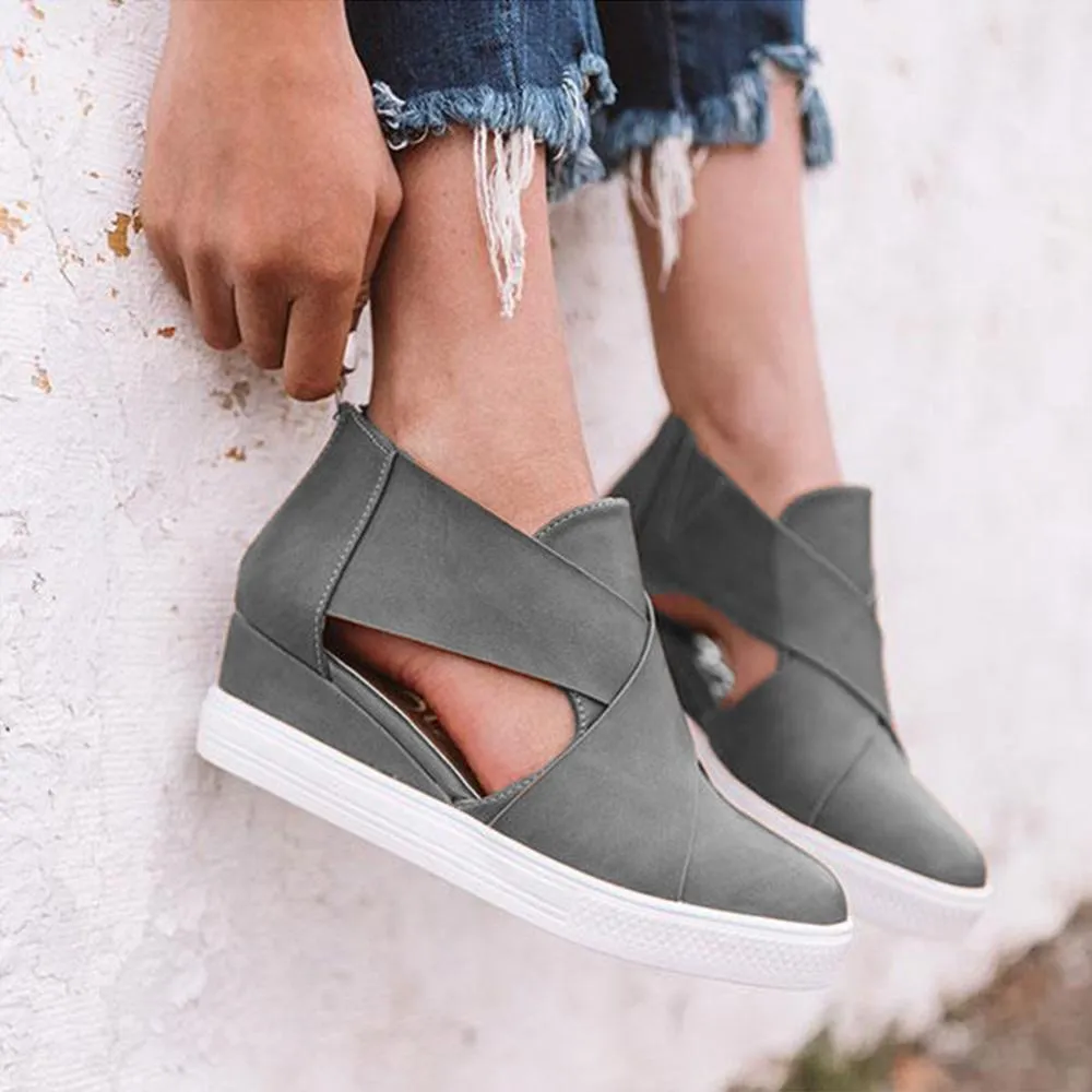 Women's Cut-Out Wedge Sneakers Back Zipper Shoes