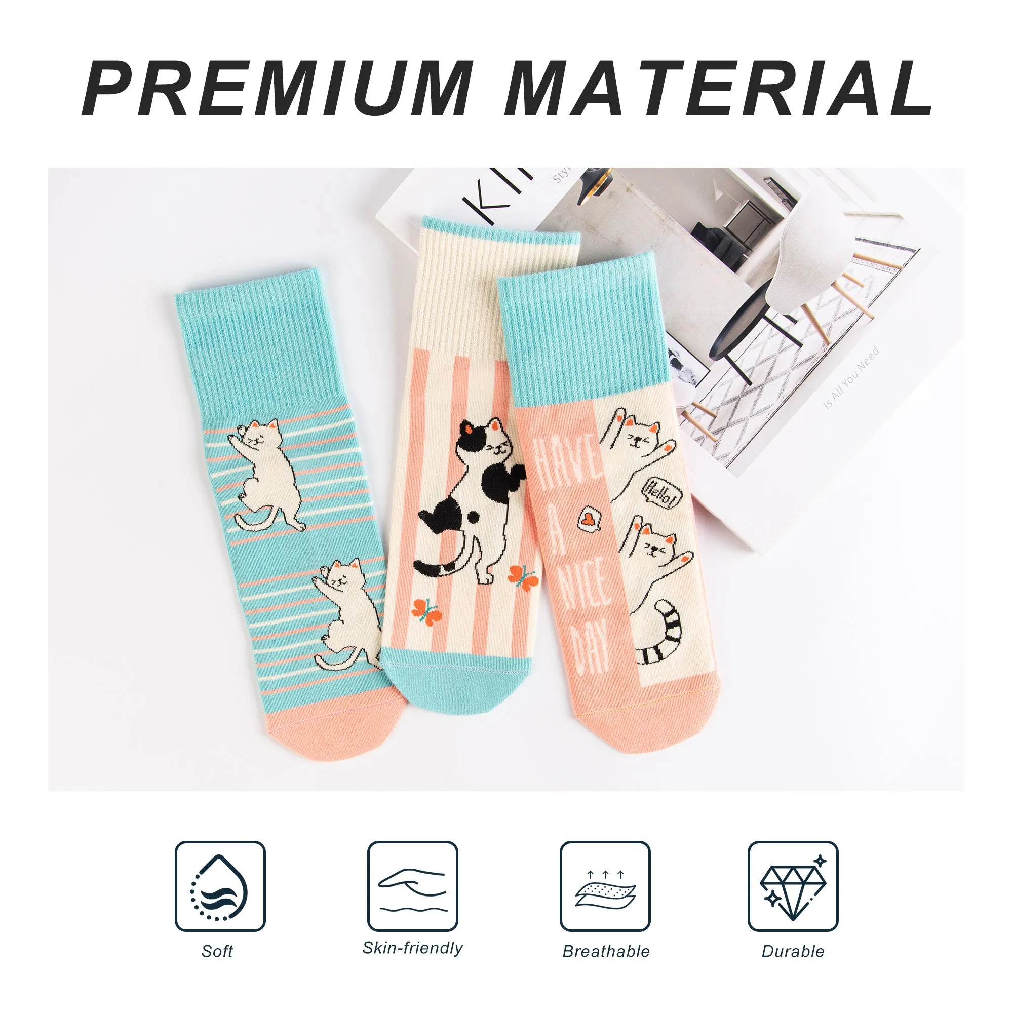 Womens Patterned Crew Socks Seamless Combed Cotton Funny Girls Cute Novelty Animal Flower Soft Socks Gifts 3 Pairs