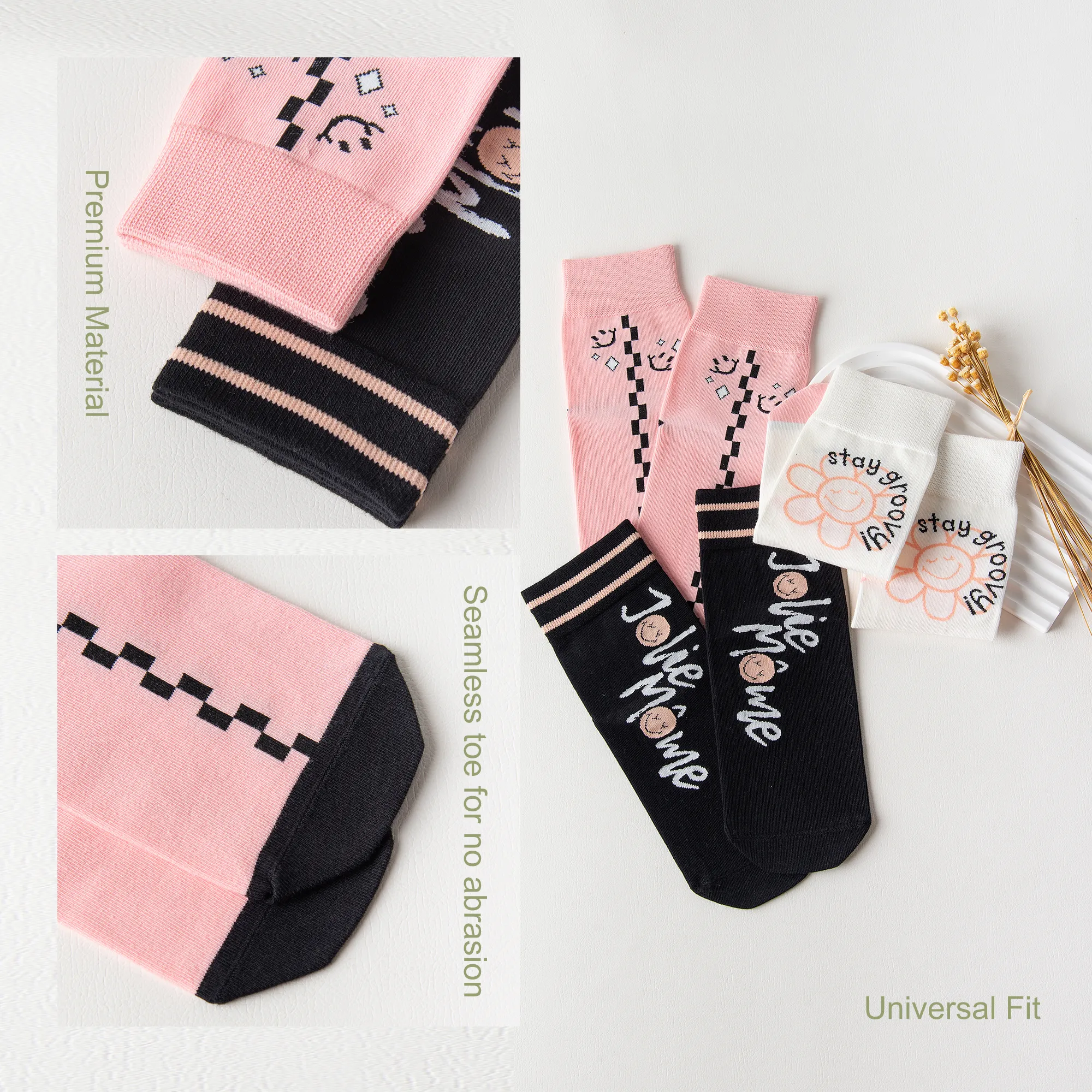 Womens Patterned Crew Socks Seamless Combed Cotton Funny Girls Cute Novelty Animal Flower Soft Socks Gifts 3 Pairs