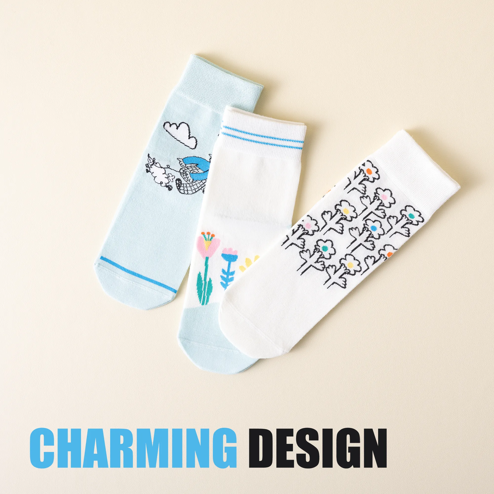 Womens Patterned Crew Socks Seamless Combed Cotton Funny Girls Cute Novelty Animal Flower Soft Socks Gifts 3 Pairs